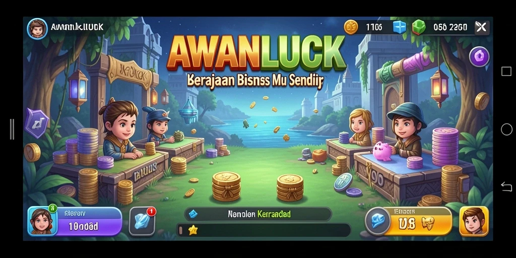 Screenshot gameplay <strong>AWANLUCK</strong> menampilkan interaksi pemain dan manajemen bisnis yang seru.