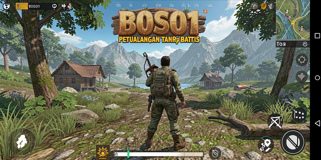Tangkapan layar dari gameplay BOS01 yang menampilkan petualangan di dunia terbuka.