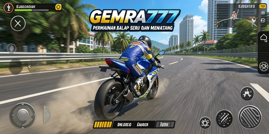 Screenshot utama GEMPA777 menampilkan balapan motor yang mendebarkan di trek yang indah.