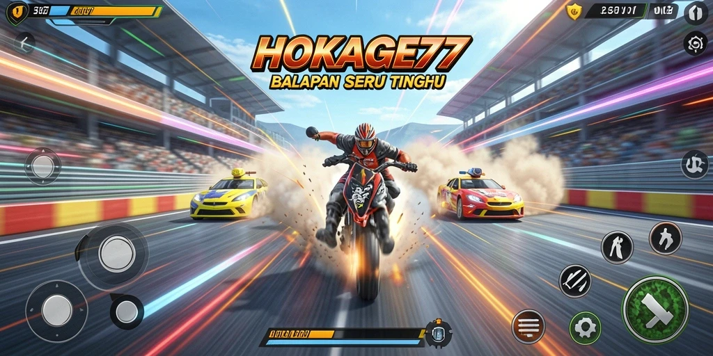 Tampilan gameplay seru HOKAGE77 dengan mobil balap yang memacu adrenalin.