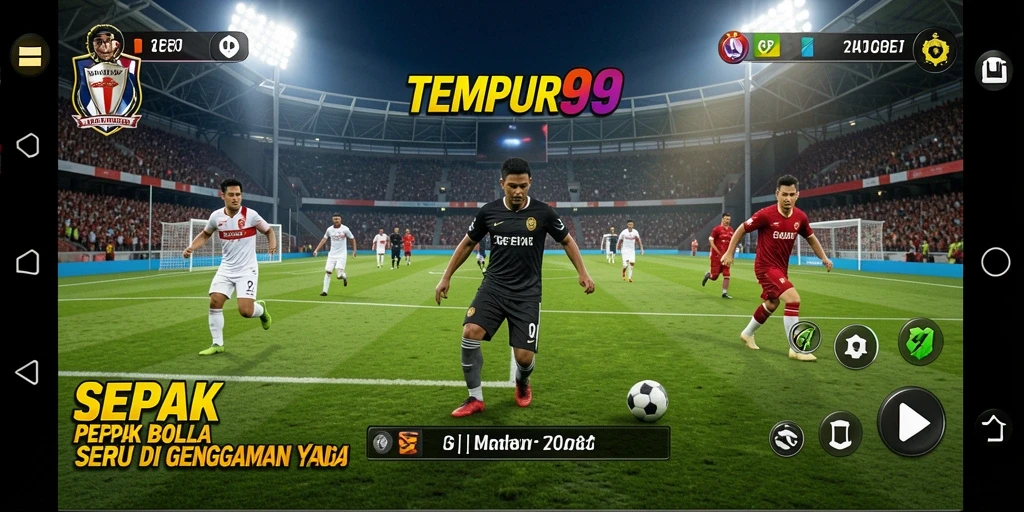Screenshot gameplay TEMPUR99 yang menunjukkan aksi seru sepak bola.