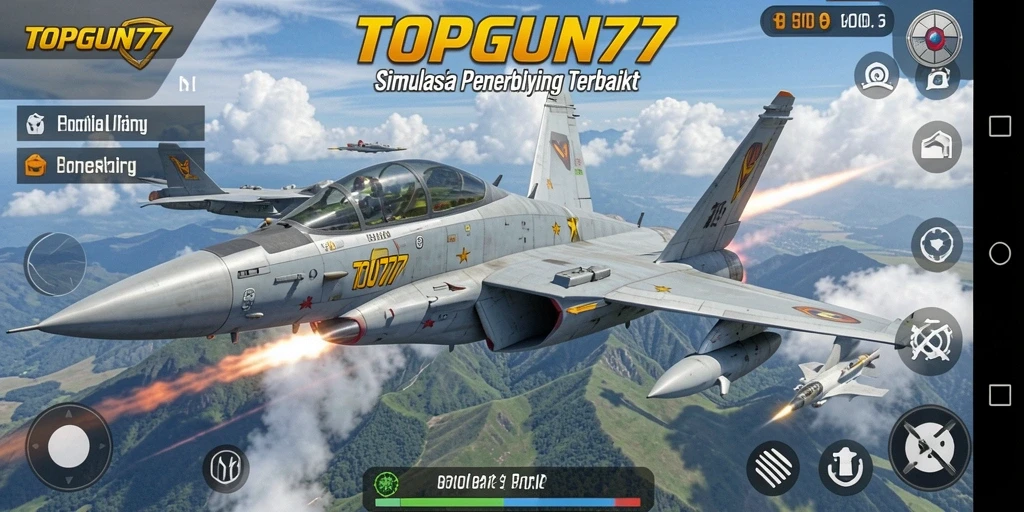 Screenshot gameplay TOPGUN77 yang menampilkan aksi penerbangan yang menegangkan.