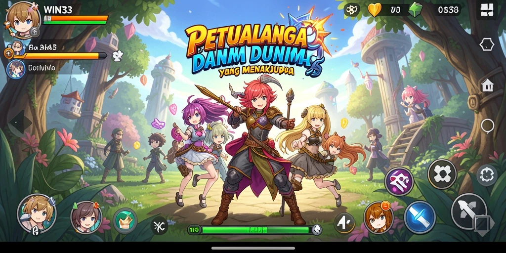 Tangkapan layar gameplay WIN33 menampilkan aksi petualangan anime yang menarik.