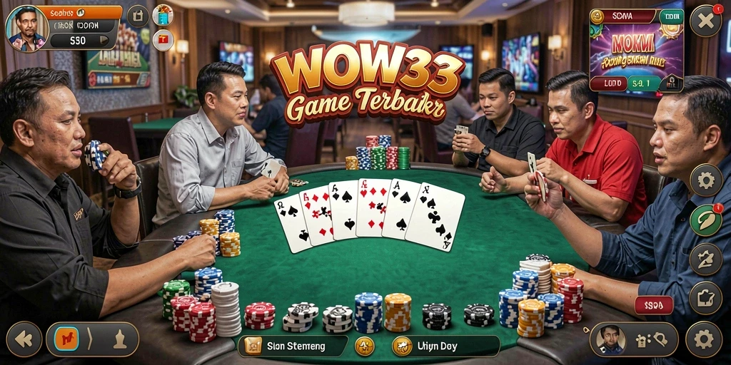 Tampilan seru permainan Poker di WOW33 dengan pemain yang kompetitif.